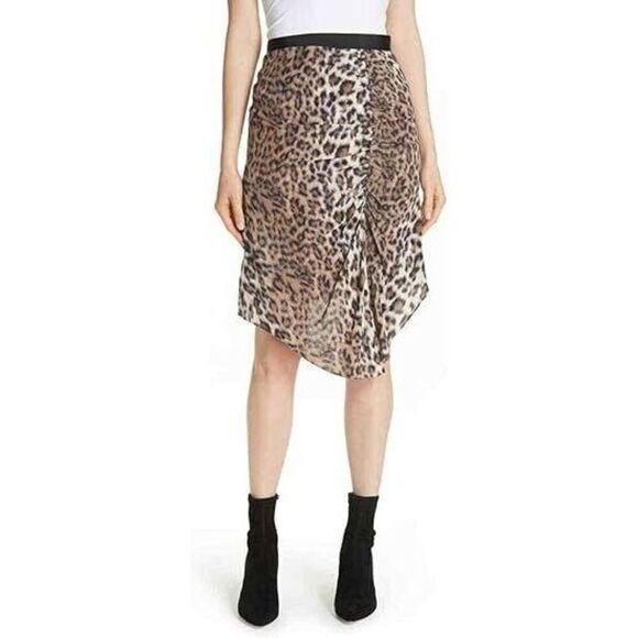 Joie Ornica Silk Skirt 0 Tan Brown Leopard Print Asymmetrical Hem Draped Ruched - Picture 3 of 12